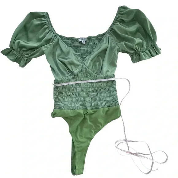 Miss Lola- Sage Green Satin Fairy Boho Ballet Ruffle Bodysuit, Size Small - Picture 10 of 12